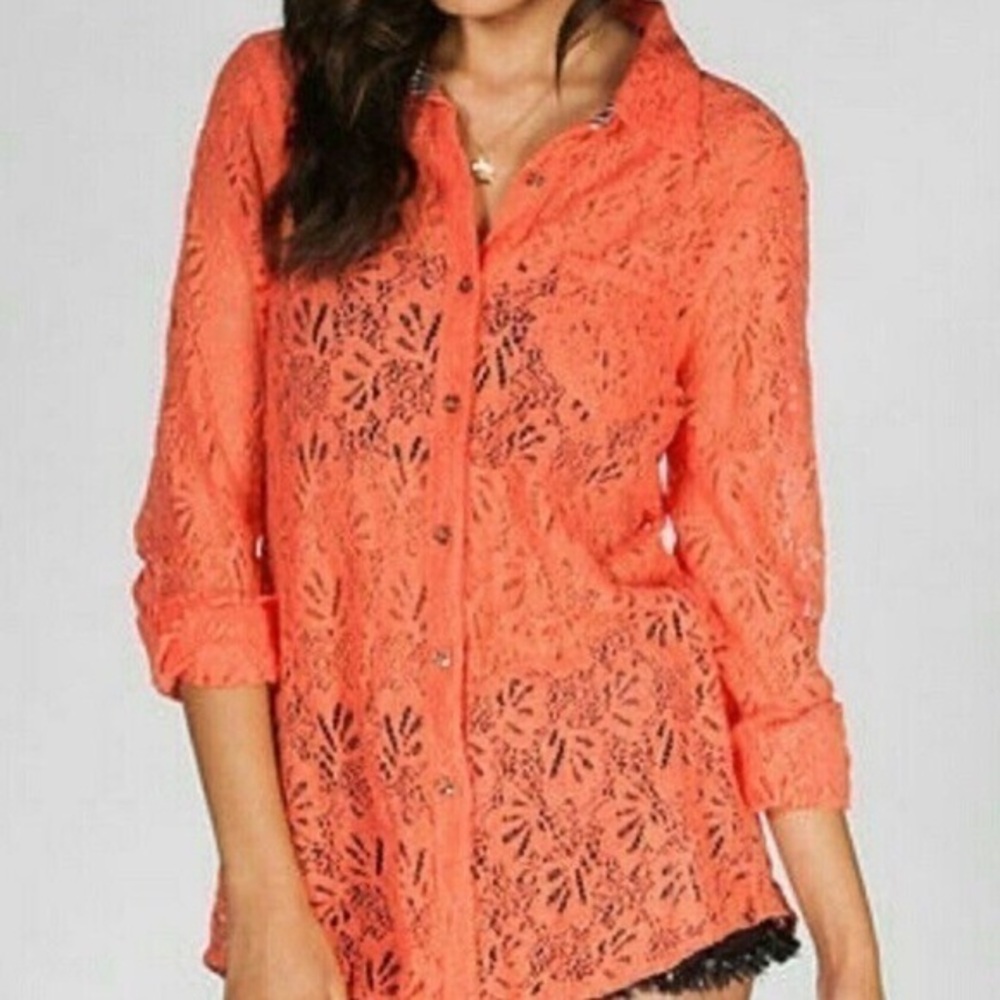 Volcom Oxford Coral Lace Crochet Button-Up Blouse Medium